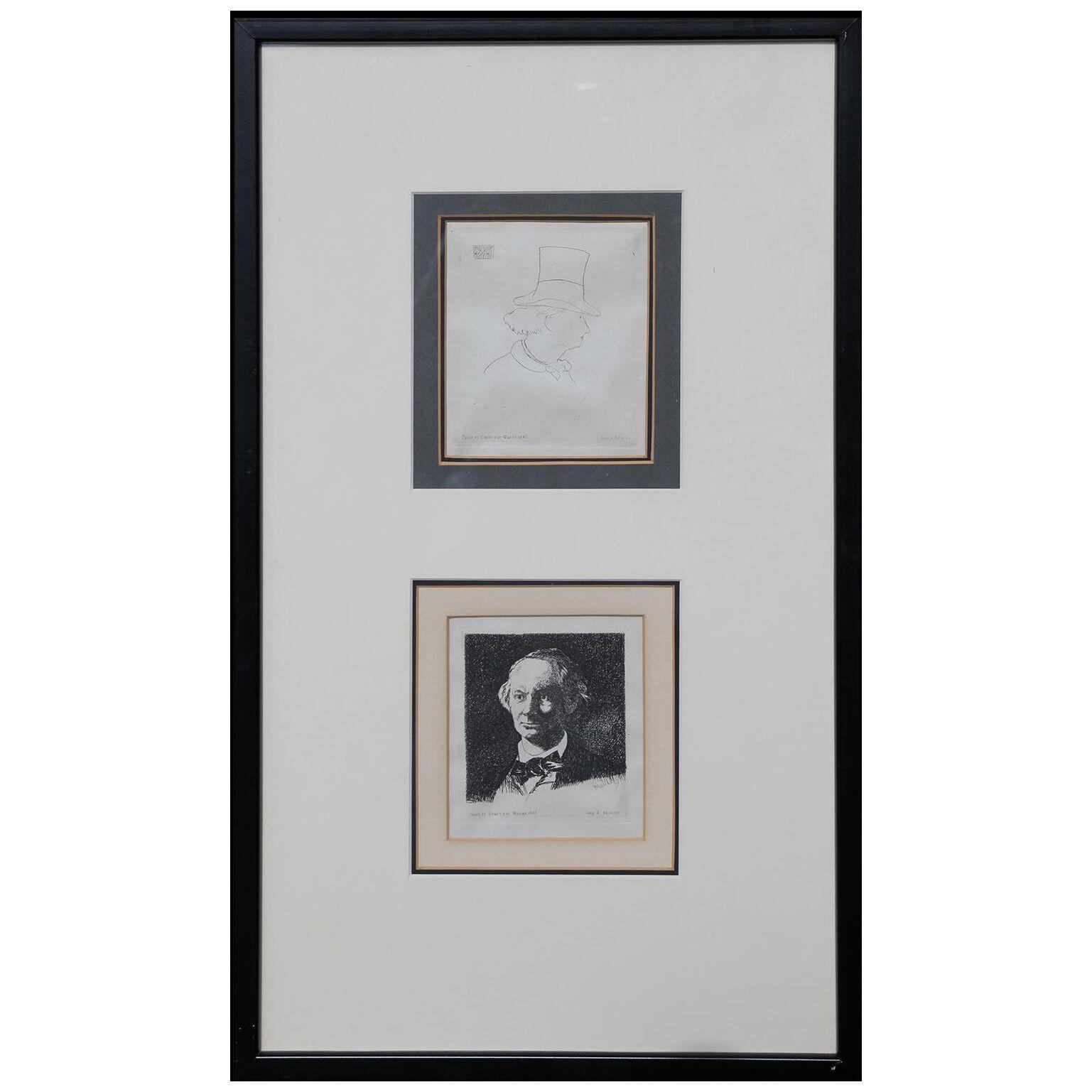Mid 19th Century Abstract Portrait Etchings of Charles Baudelaire