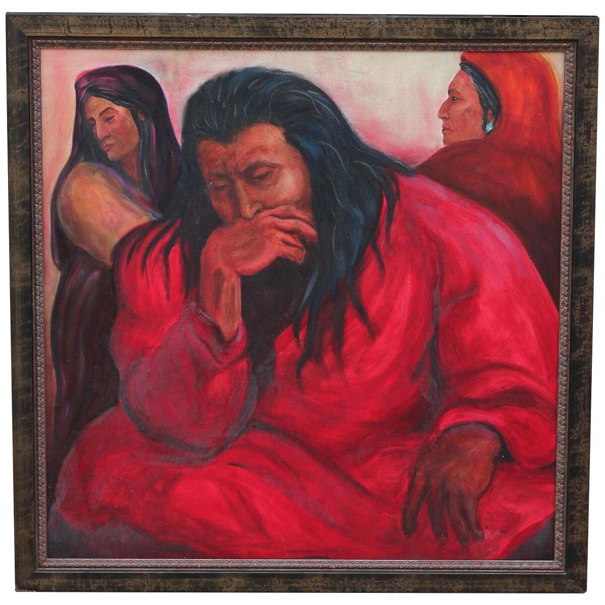 Naturalistic Portrait of Native American Man and Women Traditional Oil Painting