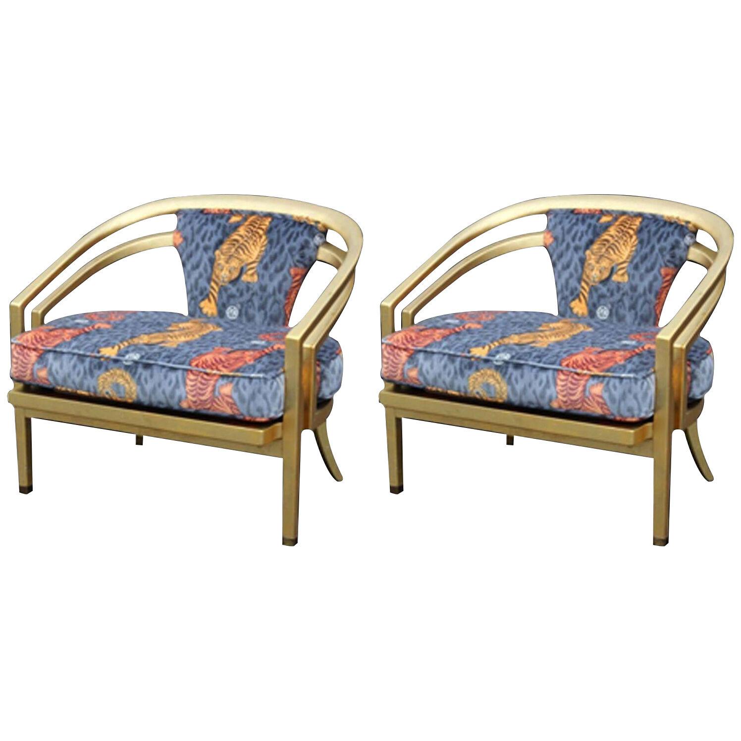 Custom Upholstered Modern Tiger Print 22-Karat Gold-Leaf Chairs - a Pair