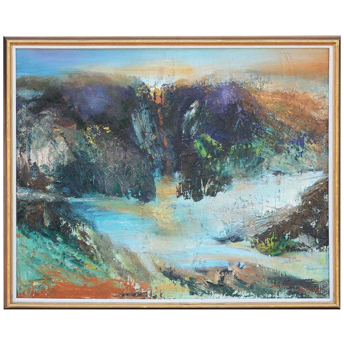 Sha Mo "Desert Dawn" Blue Toned Abstract Impressionist Waterfall Landscape