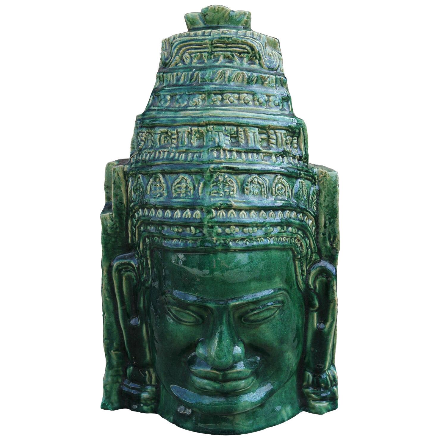 Green Cambodian Angkor Wat Mask Clay Sculpture