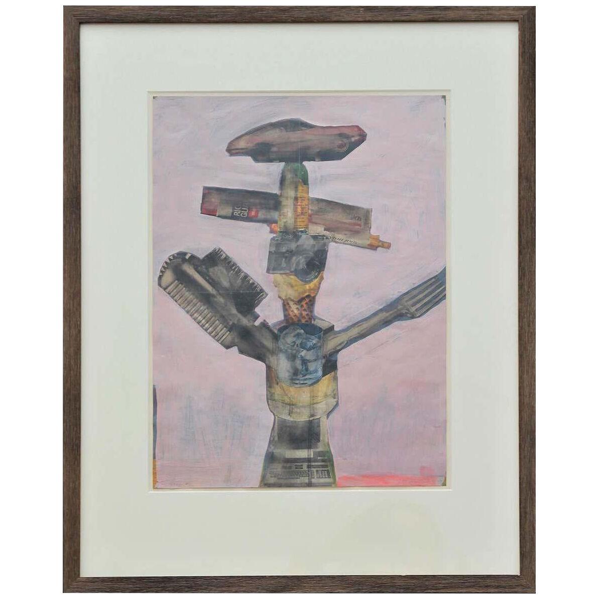 1979 “Totem #1” Abstract Mixed-Media Painting by Jeffry Jennings, Framed