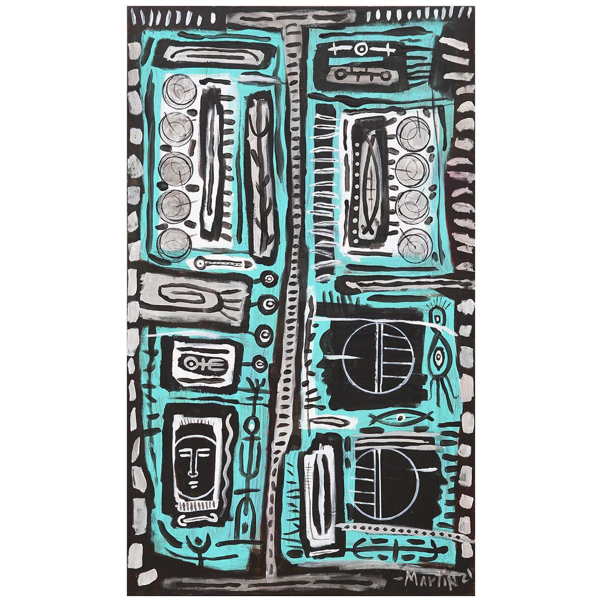 Teal, Black, and Grey Toned Abstract Painting by Larry Martin