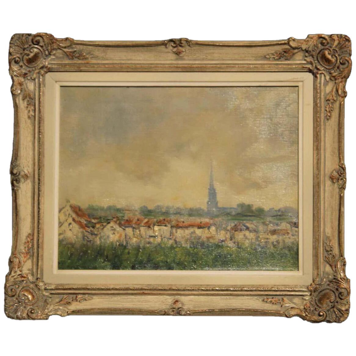Early 20th C. Impressionist Style Landscape of Town and Church Oil Painting