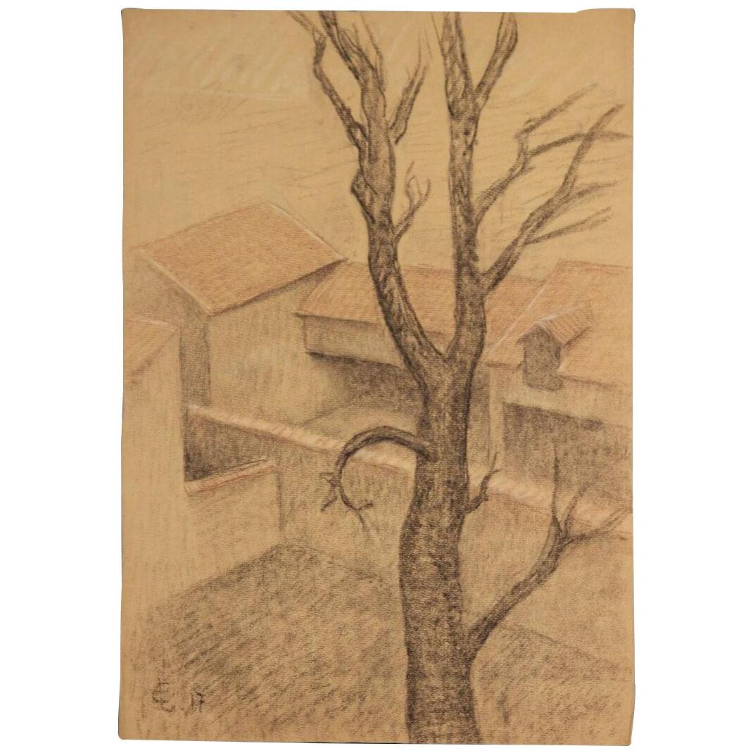 1910s Traditional French Townscape with Tree Graphite and Color Pencil Sketch