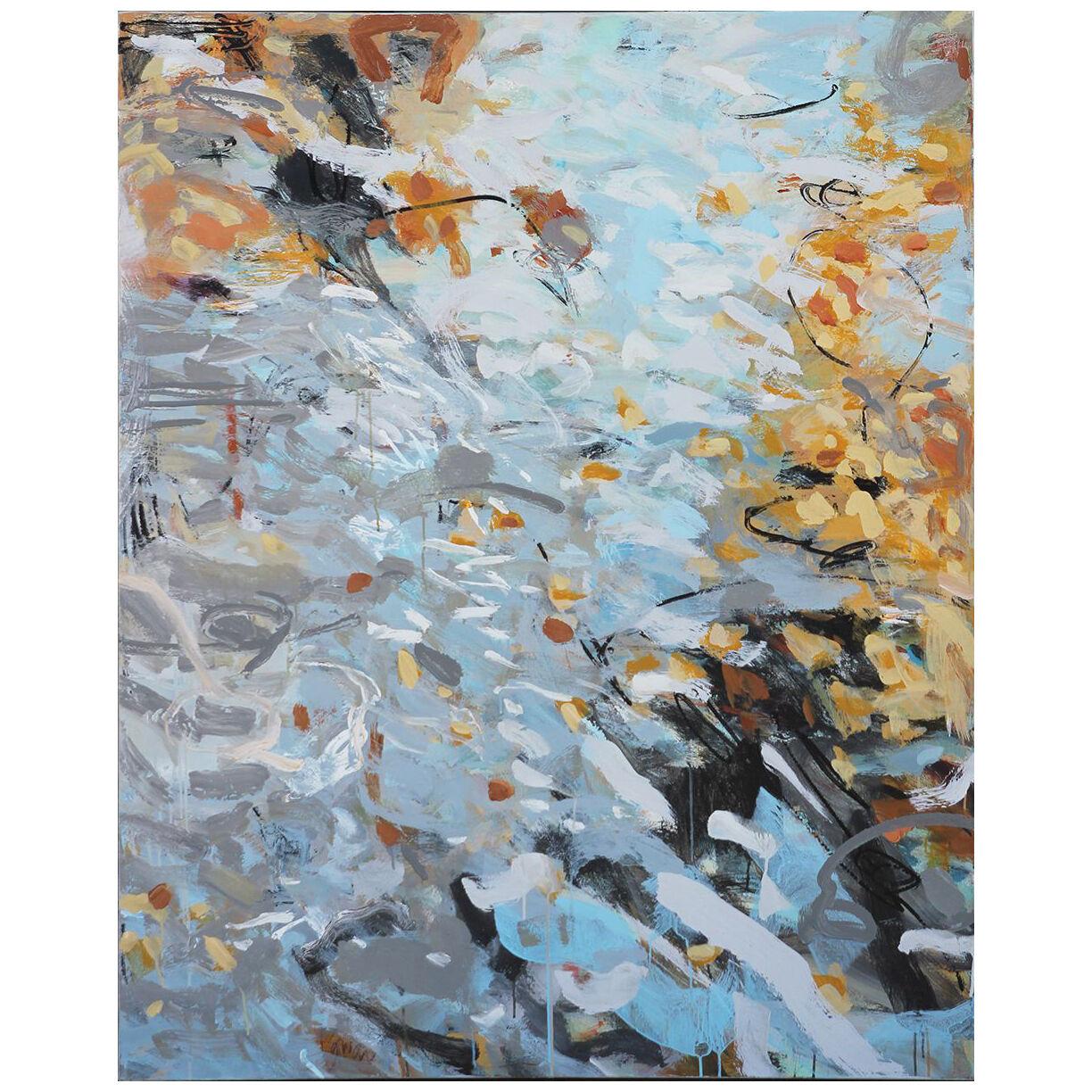 "Golden Leaves Adrift" Blue and Yellow Toned Abstract Impressionist Landscape	