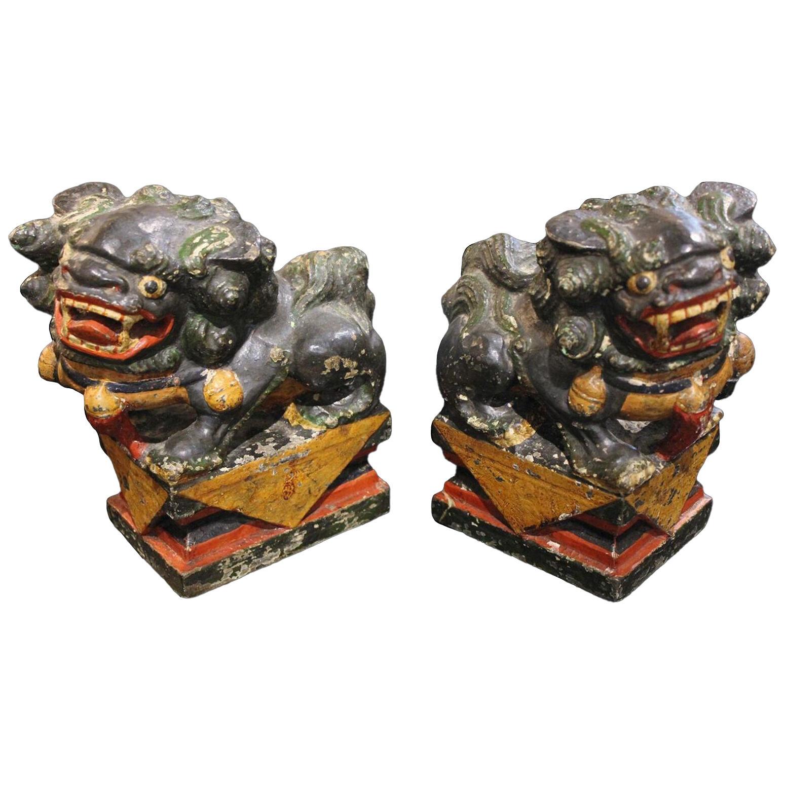 Mid Century Stone Painted Chinese Foo Dog Book Ends - a Pair