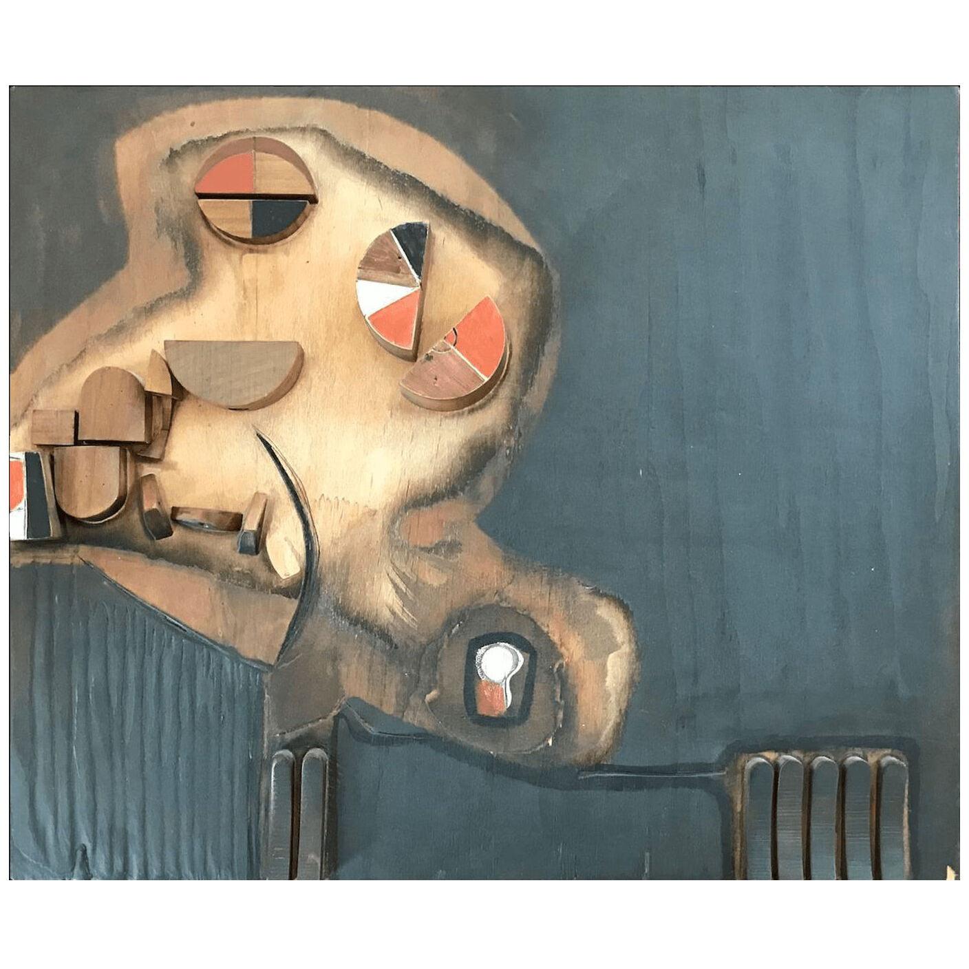 1970s Contemporary Cool Gray Mixed Media Wood Painting