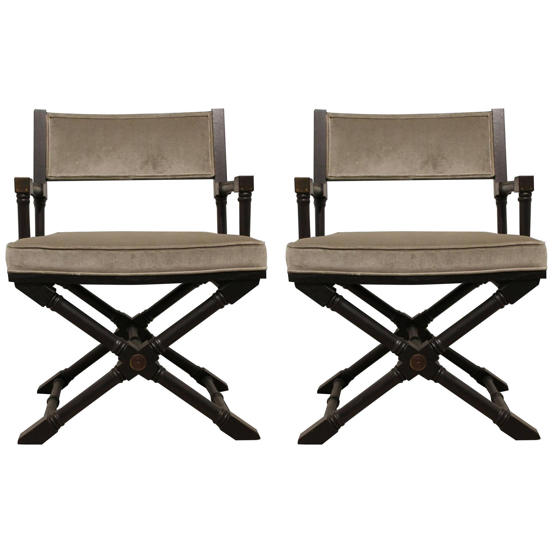 Campaign Style Black Stained Armchairs in Grey Velvet with Brass Detailing