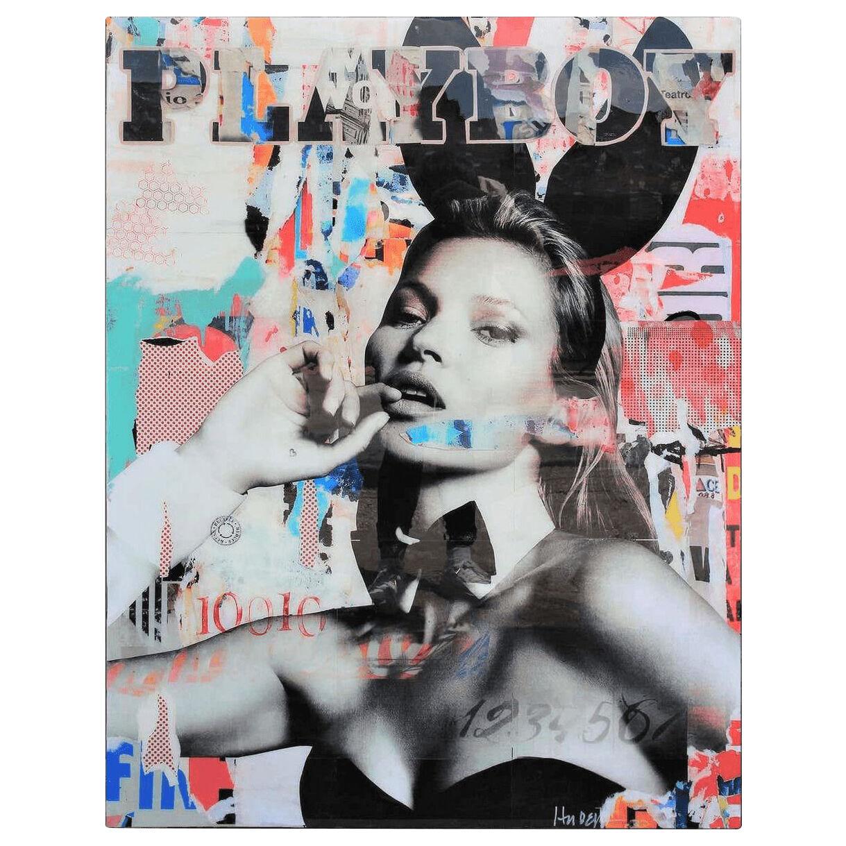 J Hudek "Bunny Cover Girl" Kate Moss Mixed Media Pop Art Resin Collage 21st C