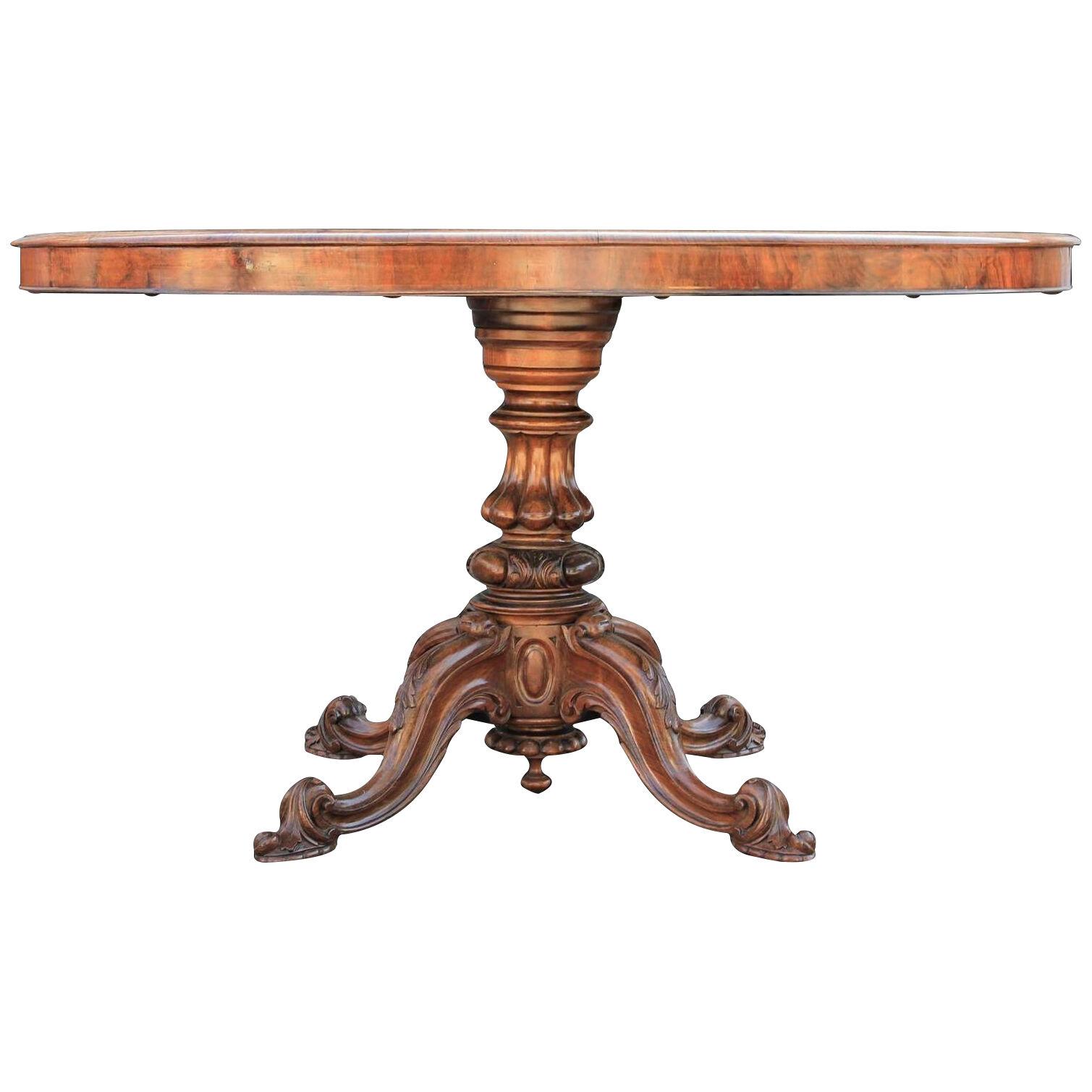 Victorian Oval Walnut and Satinwood Inlaid and Hand-Carved Oval Tilt-Top Table