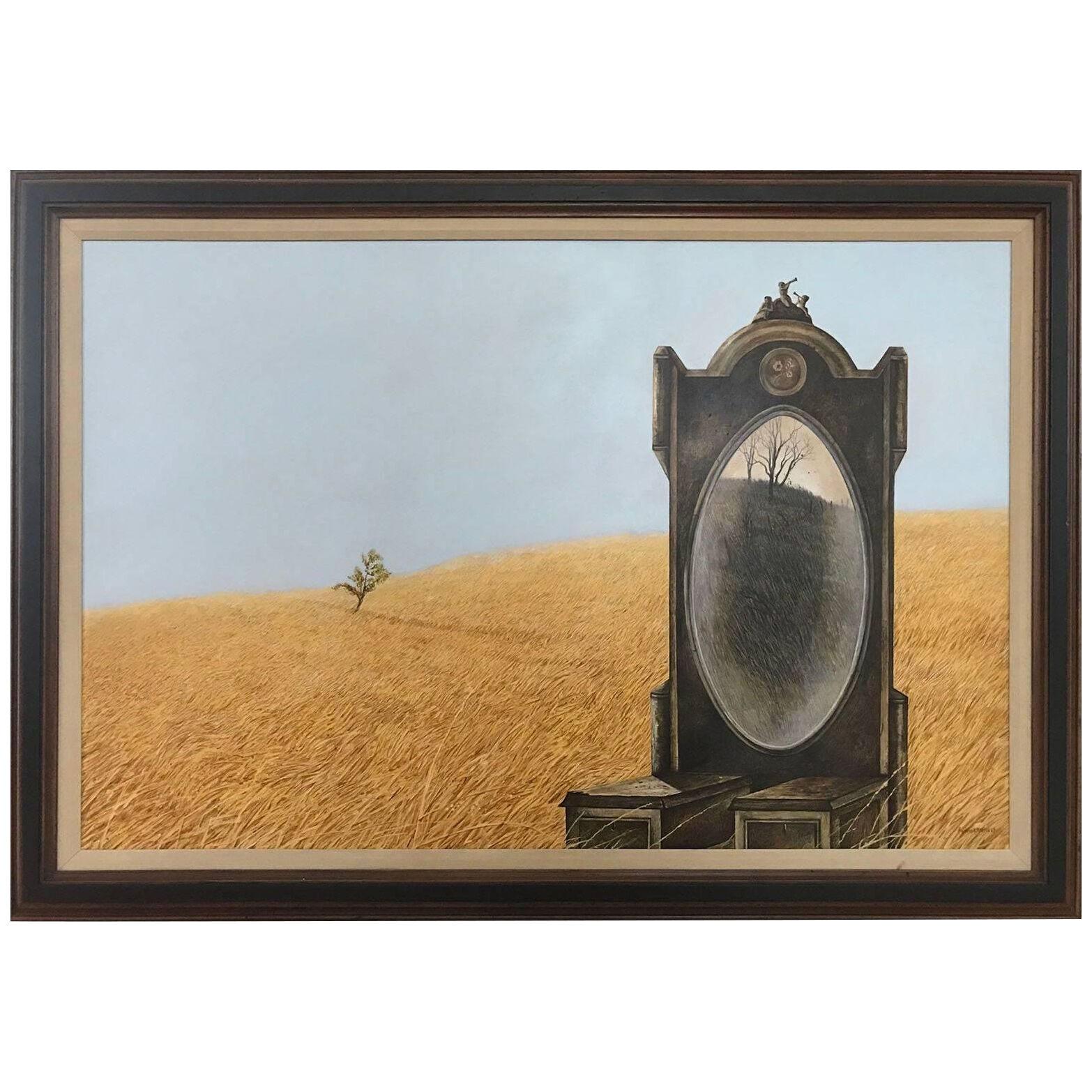 William Anzalone Surreal Painting 'Lonely Mirror in a Field" Egg Tempura