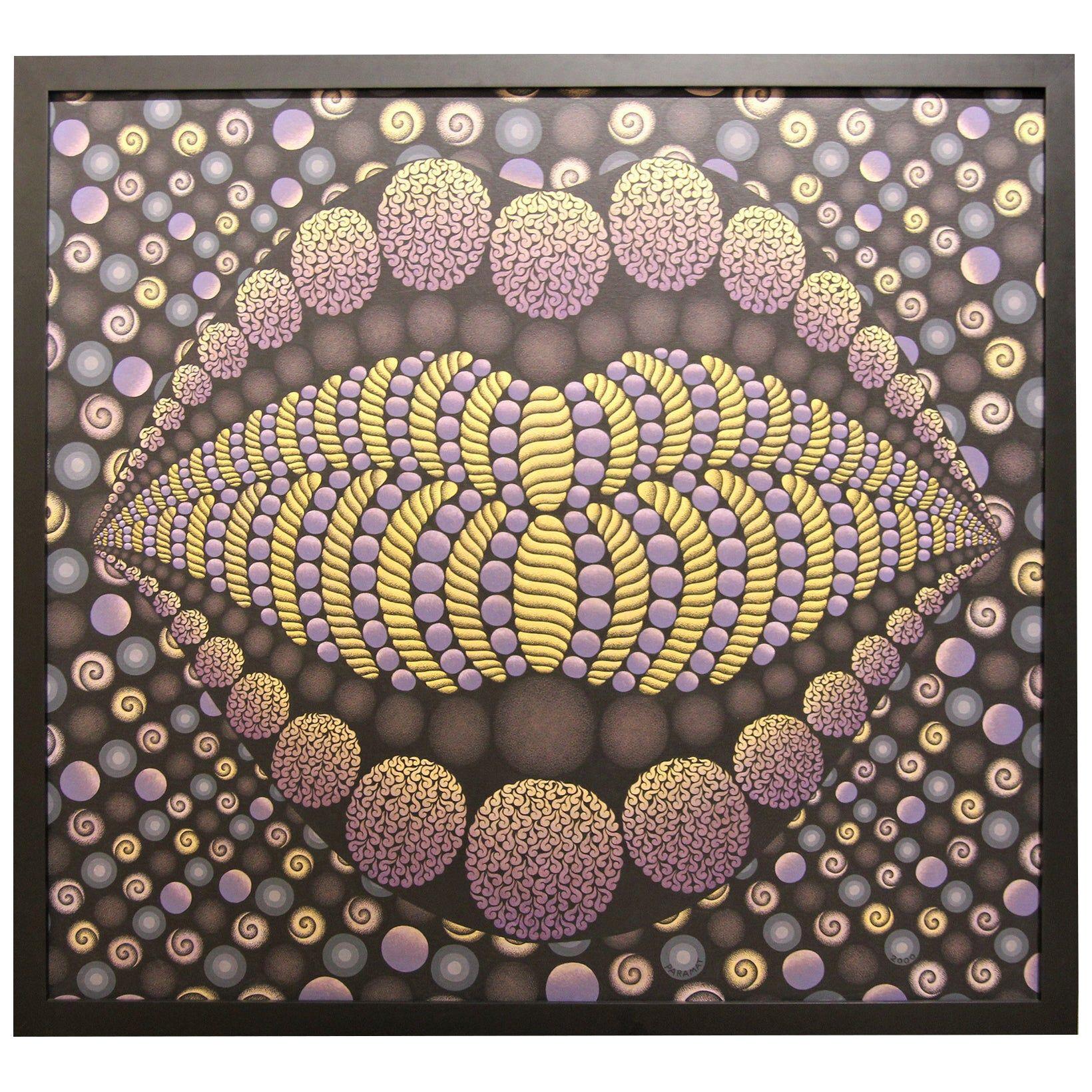 “Big Mouth / Emotions” Rich Gold and Purple Abstract Geometric Op Art Painting
