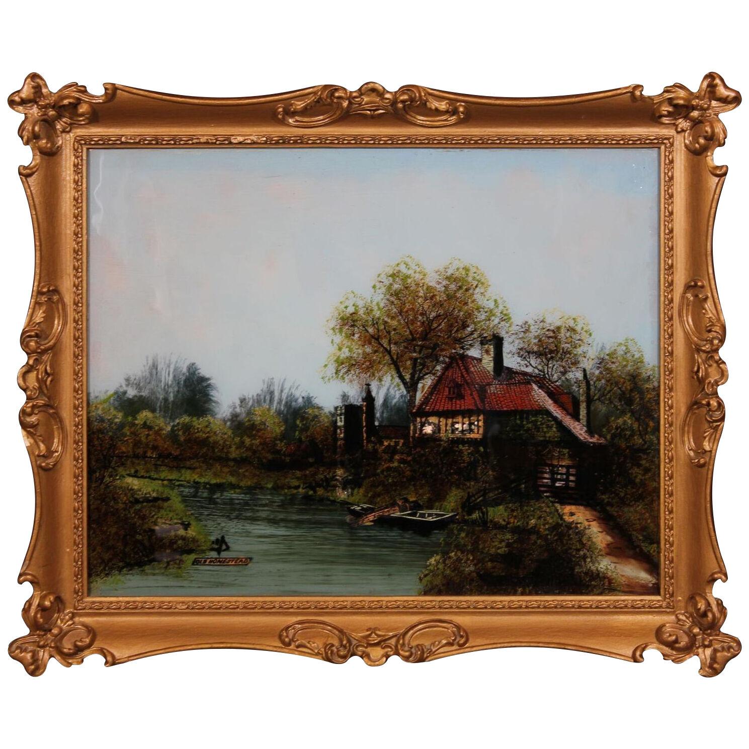 "Old Homestead" Reverse Glass Landscape Painting of a River 1970s