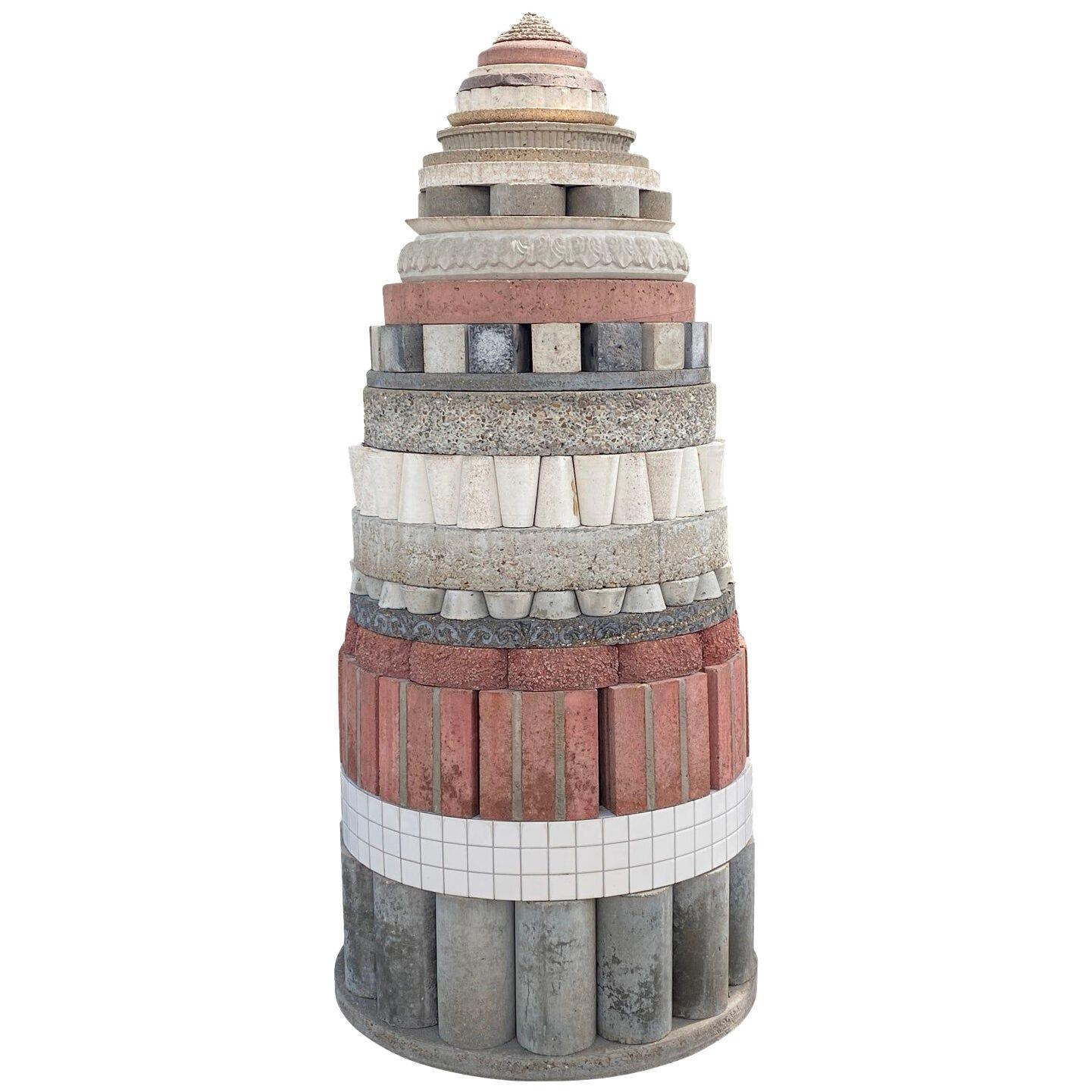 Modern Abstract Stacked Brick, Concrete, and Stone Totem Outdoor Sculpture	