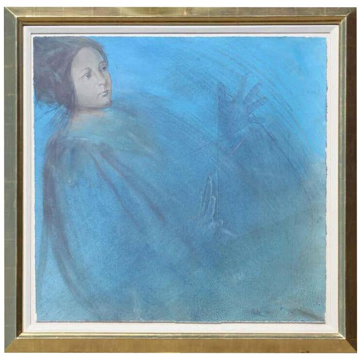1980s Peter Nickel “Blue Cat’s Cradle” Mixed Media Female Figurative Painting