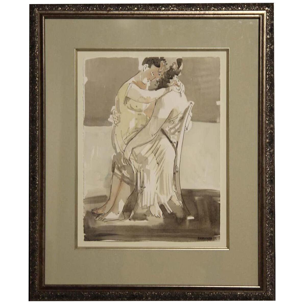 1999 "Seated Lovers" Abstract Figurative Watercolor Painting by Barnaby Fitzgera