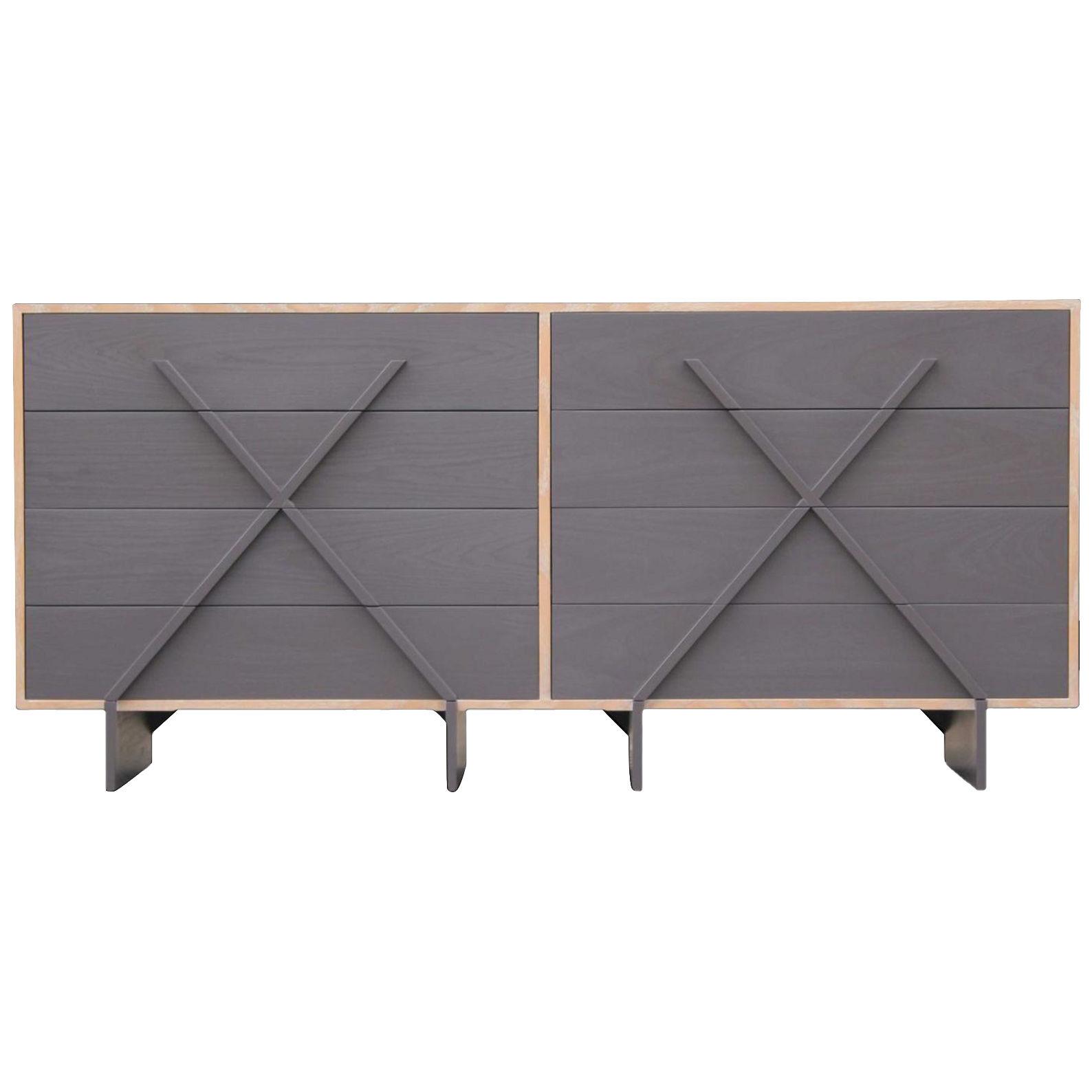 Modern Custom Double "X" Grey and Cerused Eight-Drawer Dresser