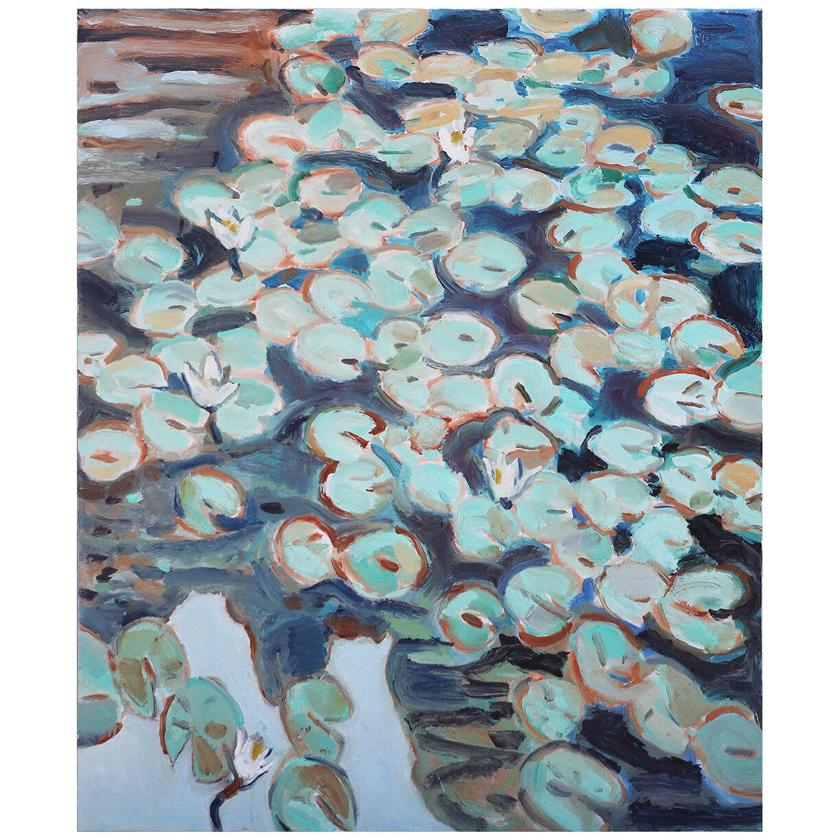 “Pond Pattern I” Blue and Teal Toned Abstract Impressionist Landscape	