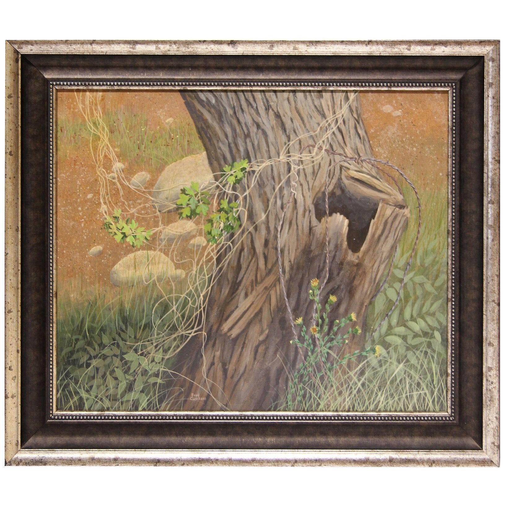 Modern Realist Pastoral Still Life / Landscape Tree Stump & Barbed Wire Painting