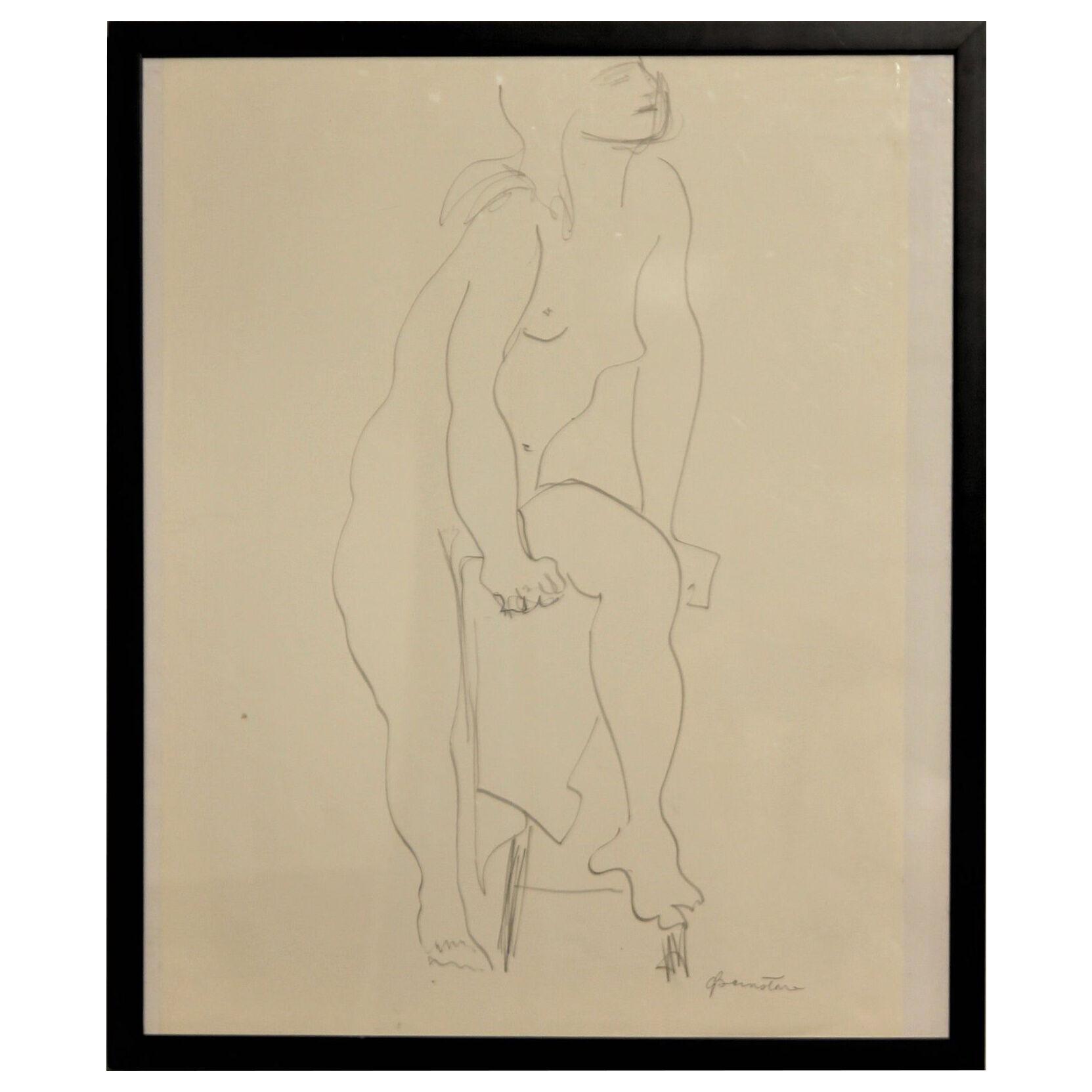 Abstract Pencil Contour Line Drawing of Female Nude with Raised Leg 