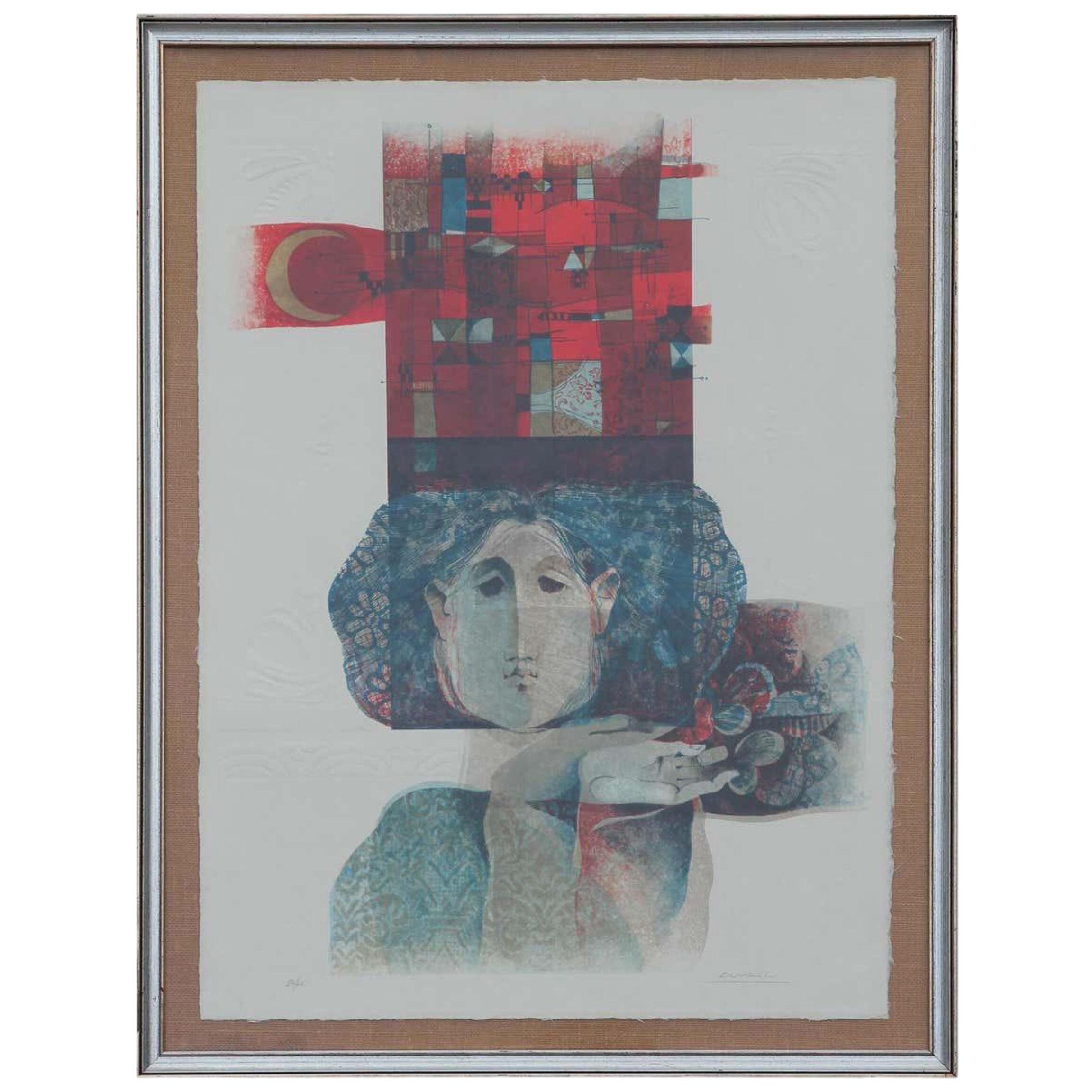 Alvar Sunol Munoz-Ramos Modern Red & Blue Toned Figure Embossed Lithograph 21C