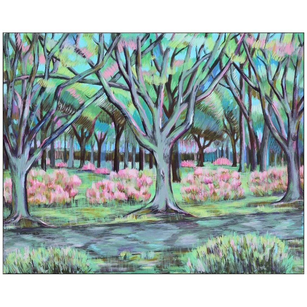 Stella Sullivan Impressionist Landscape Painting with Greens and Pinks 1976