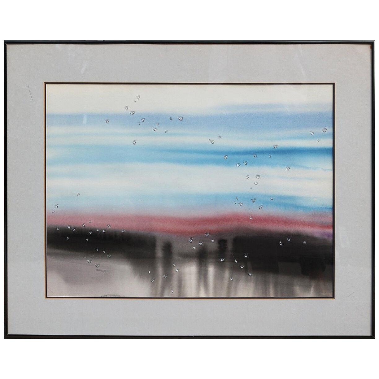 Blue, Red, and Gray Watercolor Surrealist Abstract with Realistic Water Droplets