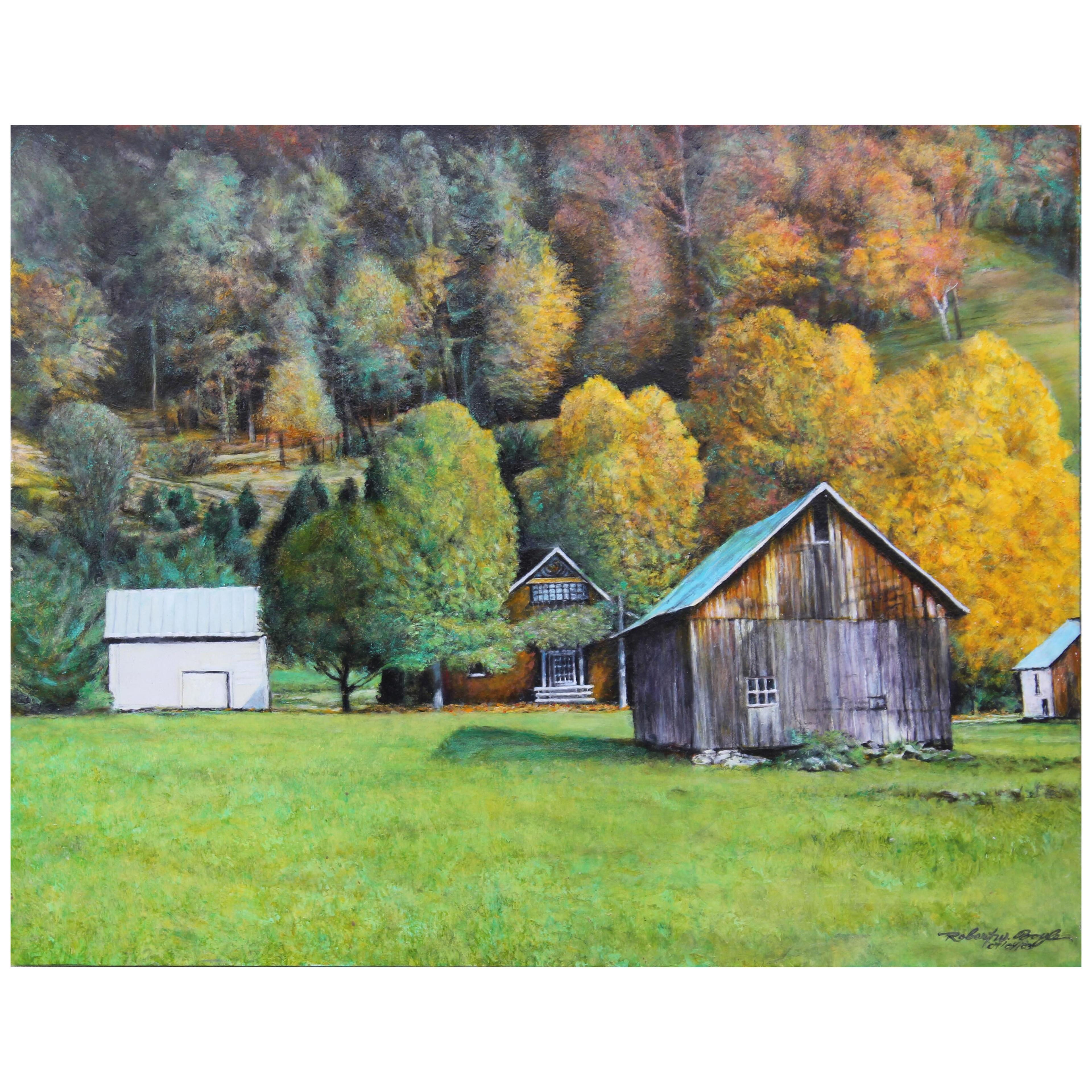 2000s Impressionist Autumn Naturalistic Landscape with a Cabin Oil on Canvas