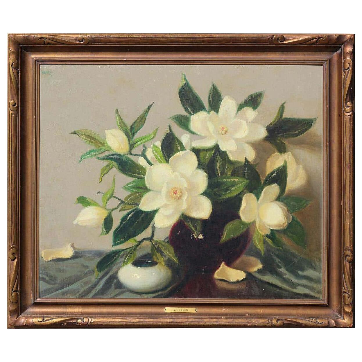 Late 20th C Magnolia Flowers Interior Still Life Painting by A.D. Greer, Framed