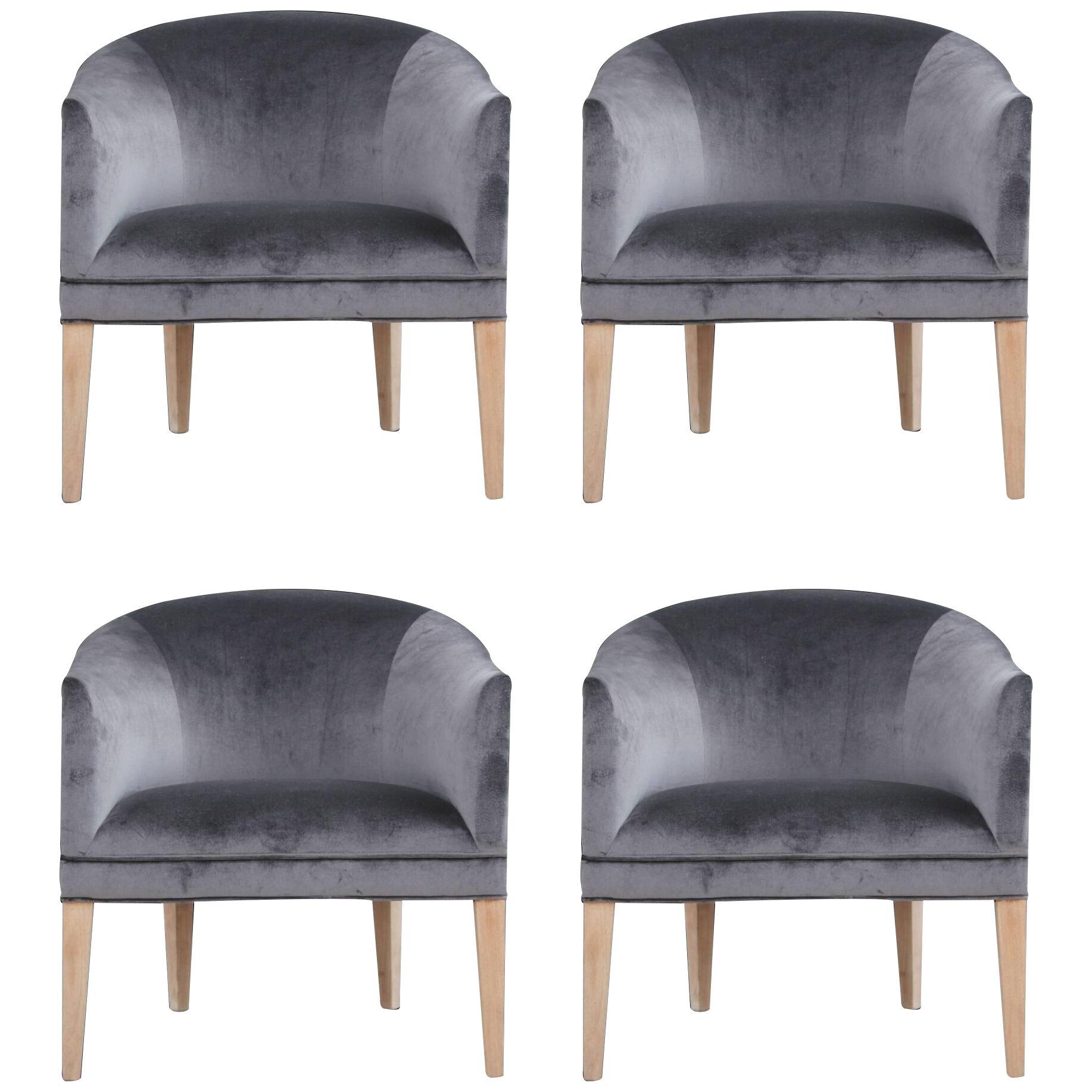 1960s Modern Dark Grey Velvet Barrel Back Lounge Chairs - Set of 4