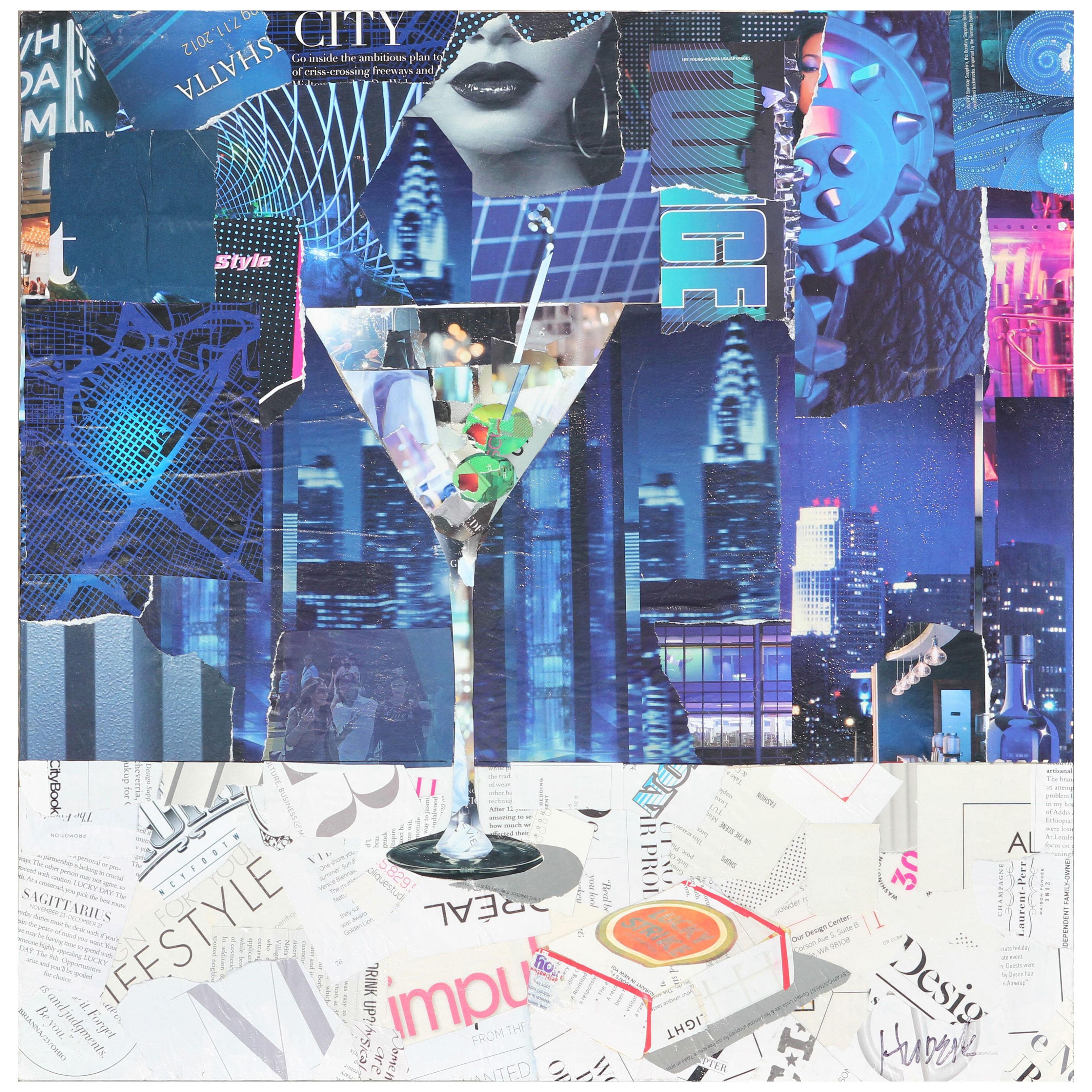 Square Abstract Blue Martini Glass Mixed Media Pop Art Magazine Collage	