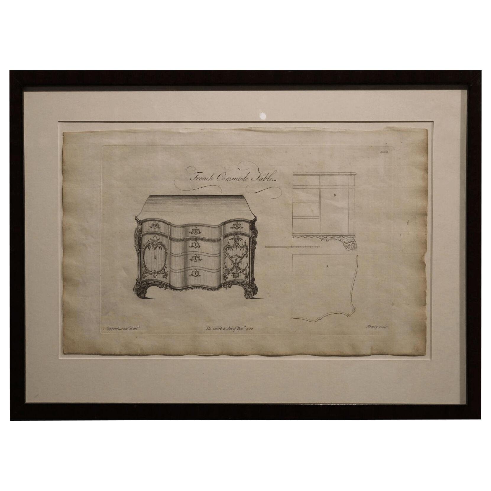 Mid 18 C. French Commode Table Etching "The Gentleman Cabinet-Maker's Director"