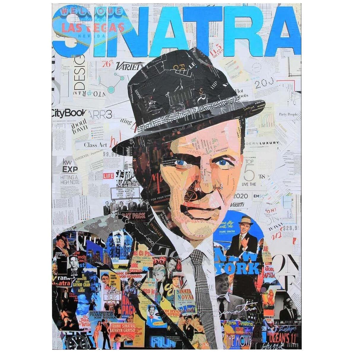 Jim Hudek "Sinatra" Blue, Black & White Contemporary Mixed Media Pop Art Collage