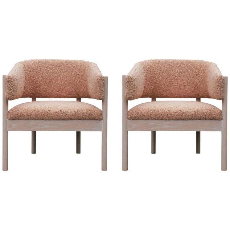 Pair of Custom Angular Post-Modern Pink Shearling & Bleached Oak Lounge Chairs