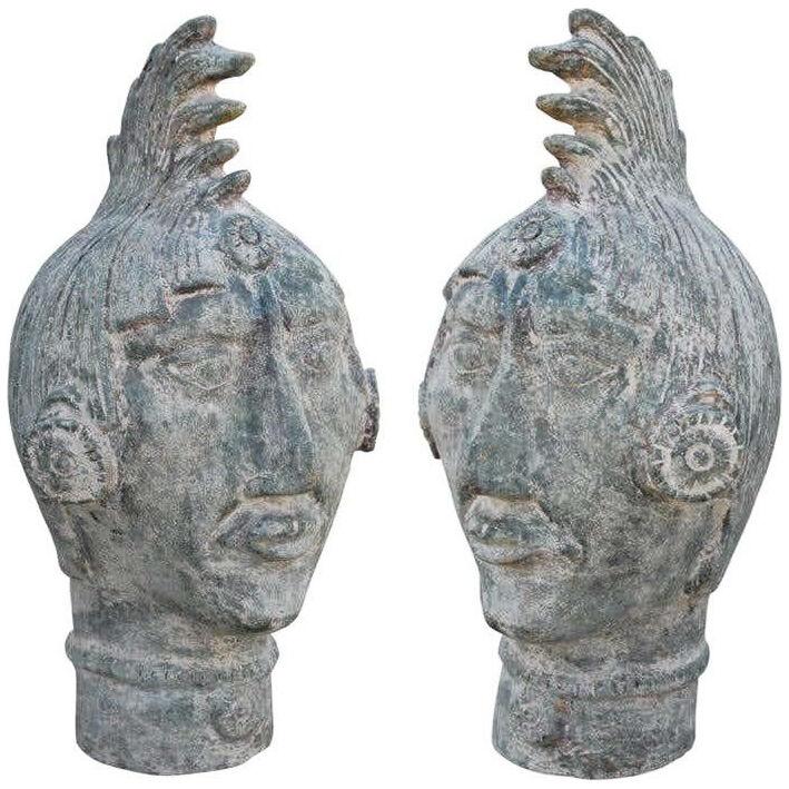20th Century Mayan Terracotta Sculptural Heads- a Pair