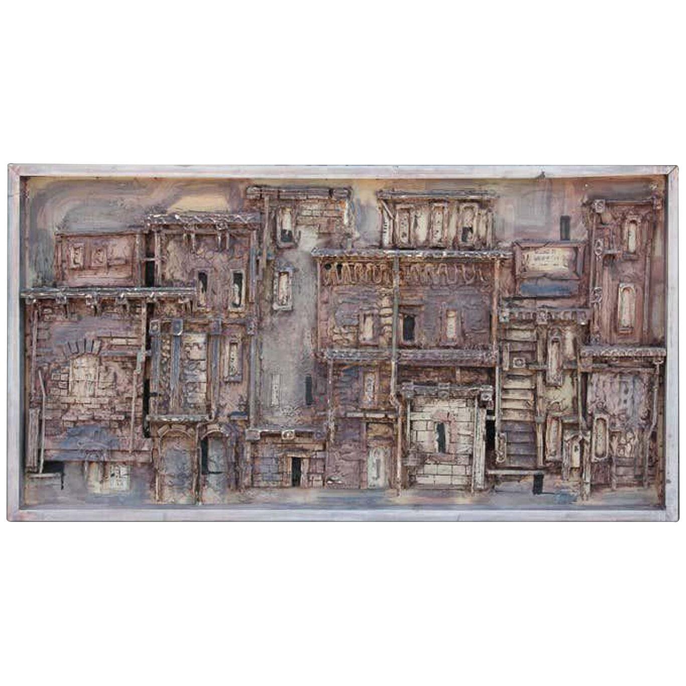 20th Century Town Landscape Horizontal Wooden Painted Wall Sculpture