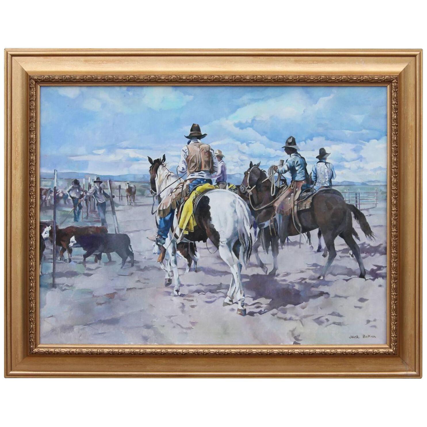 Mid Century Realism Western Corral Scene with Cowboys on Horses