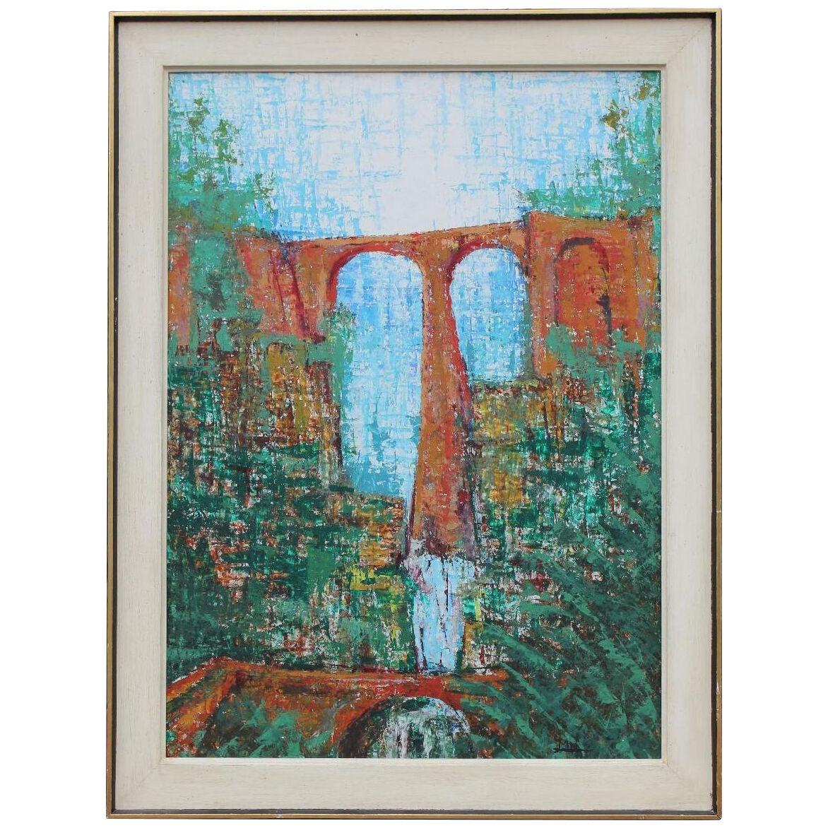 Mid Century Aqueduct Impressionist Landscape View Oil Painting