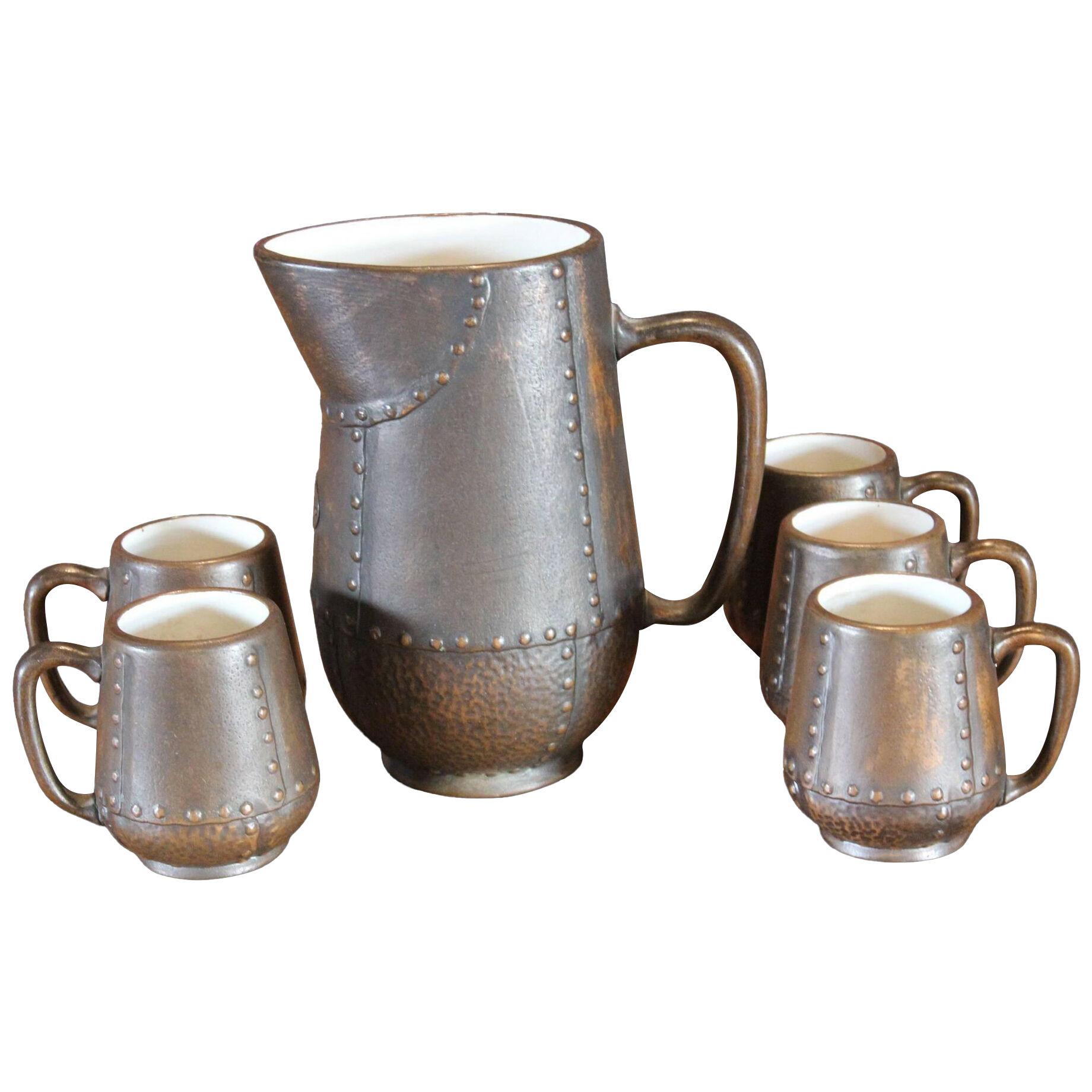 Pitcher and Cup Set by Clewell Pottery - 6 Pieces