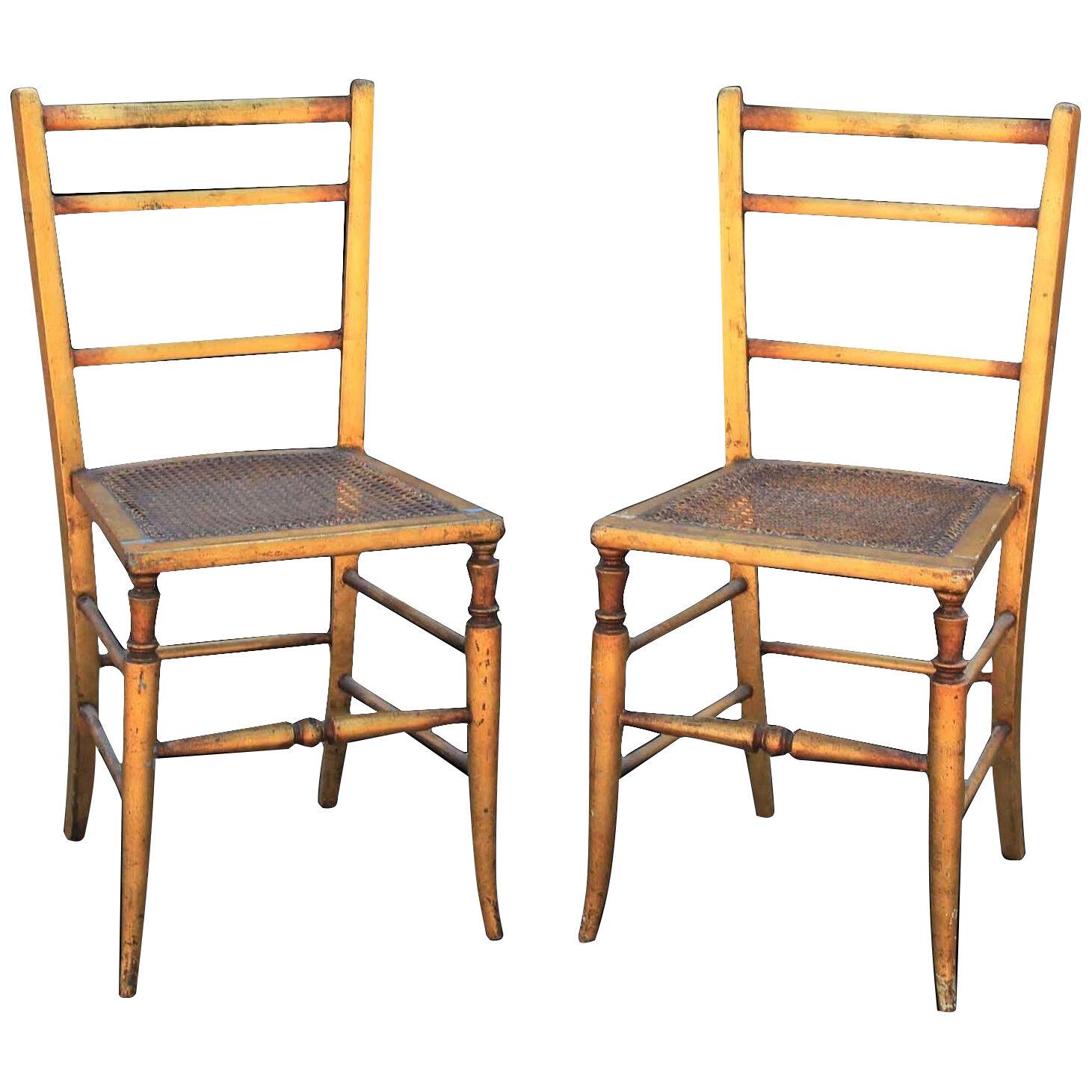 19th Century Hollywood Regencu=y Gilt Cane Side Ladder Back Chairs - a Pair