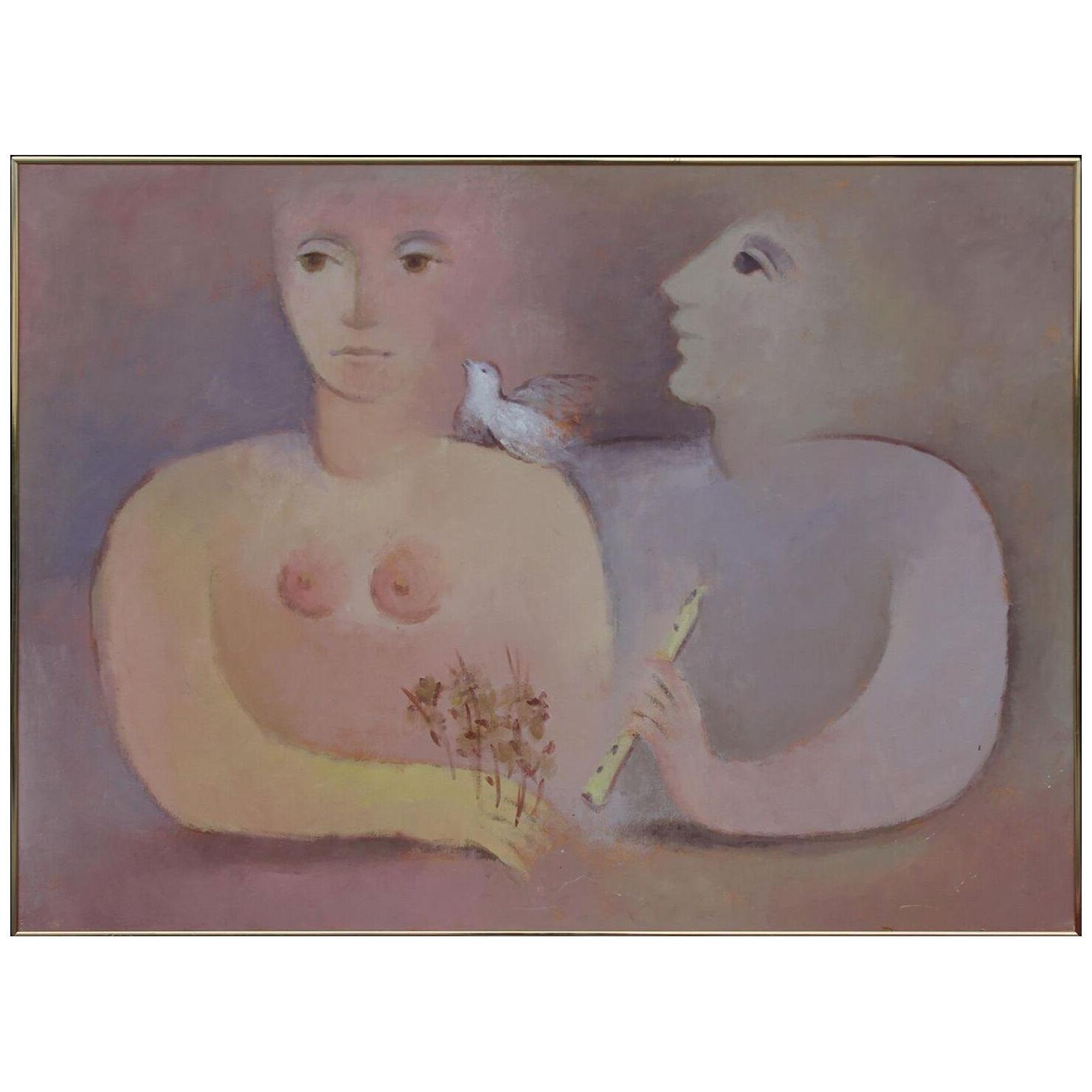 (after) Marc Chagall Pink and Purple Neutral Abstract of Two Figures and a Dove
