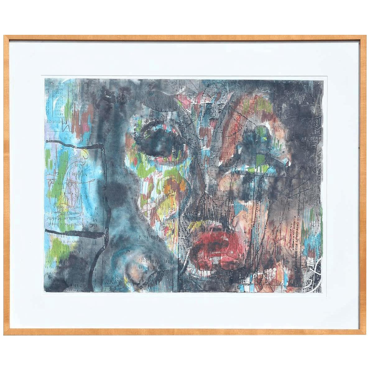 1994 Dick Wray "Untitled (Face)" Abstract Mixed Media Portrait Painting, Framed