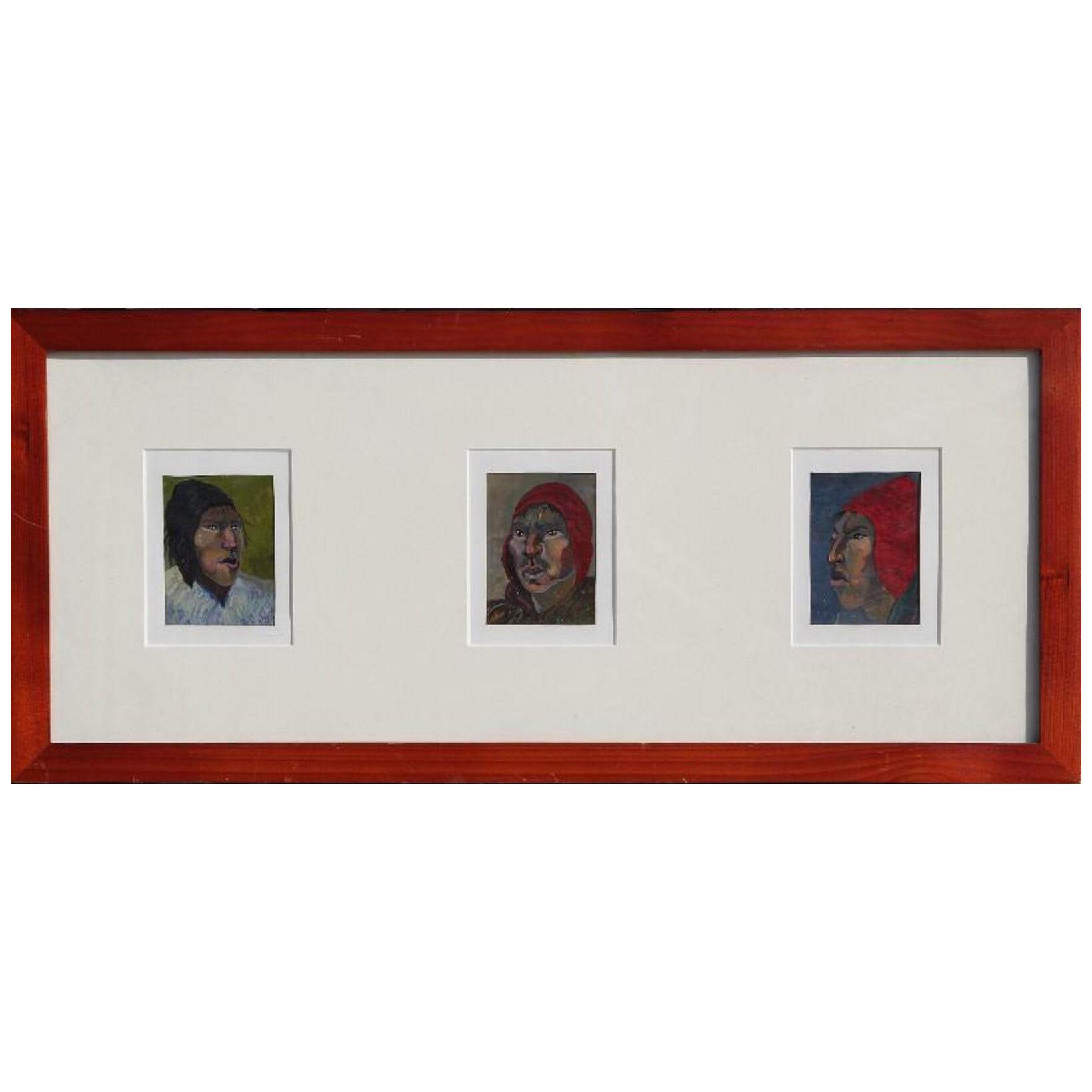 Modern Miniature S American or Native American Portraits Paintings Signed Erwin