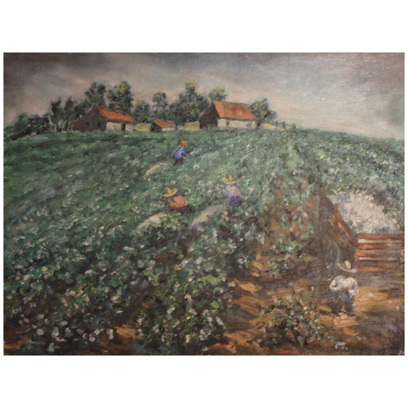 B. Womble Impressionist Abstract Oil Painting of Workers in a Field Mid 20th C