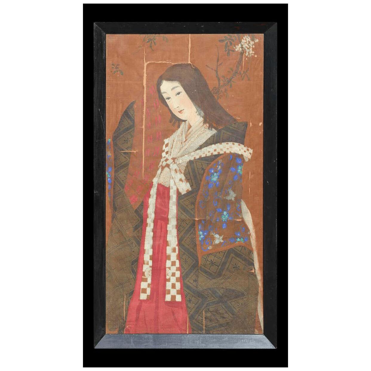 Japanese Geisha or Miko in Kimono with Fan Painting on Silk