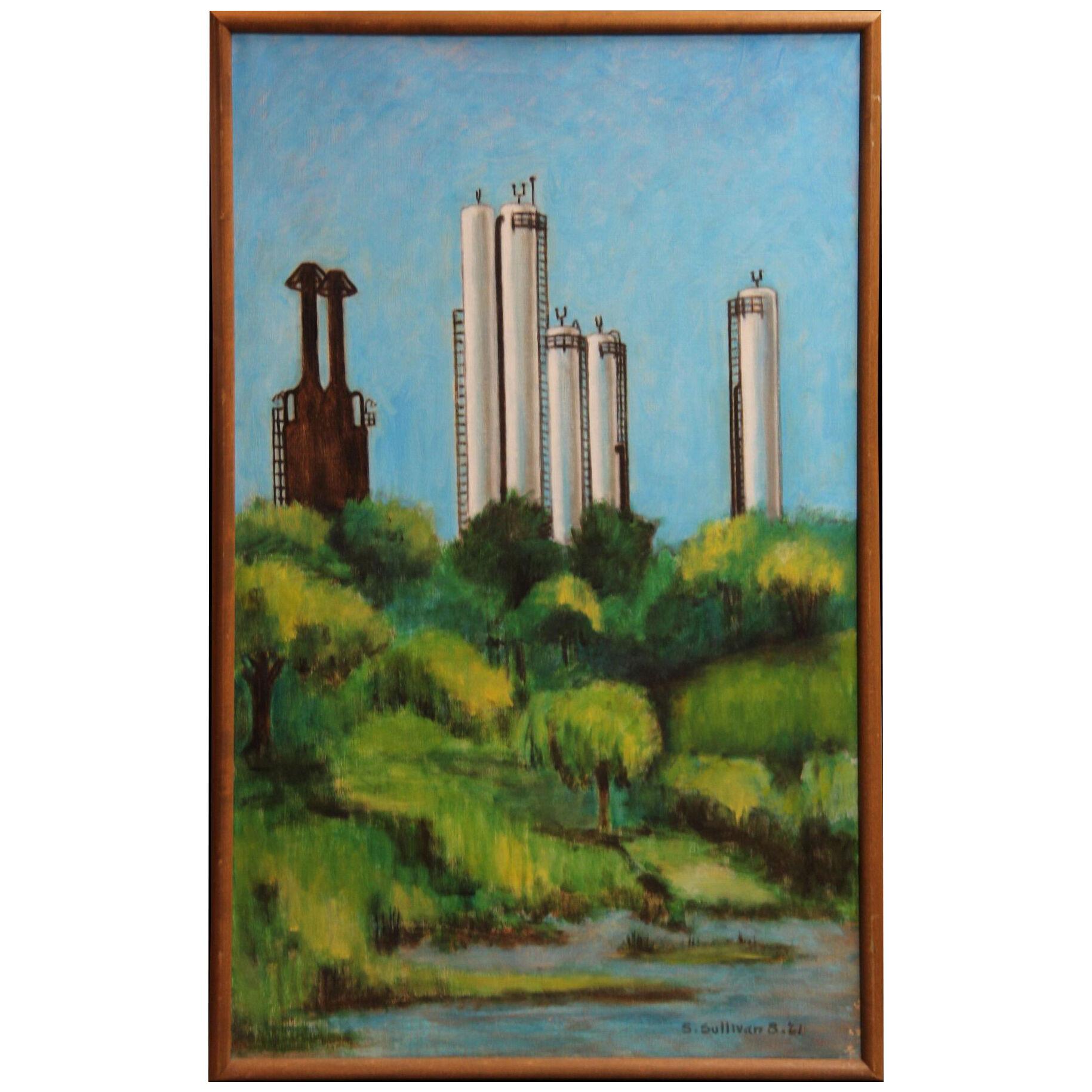1960s "Refinery at Barbours Cut" Impressionist Landscape Painting