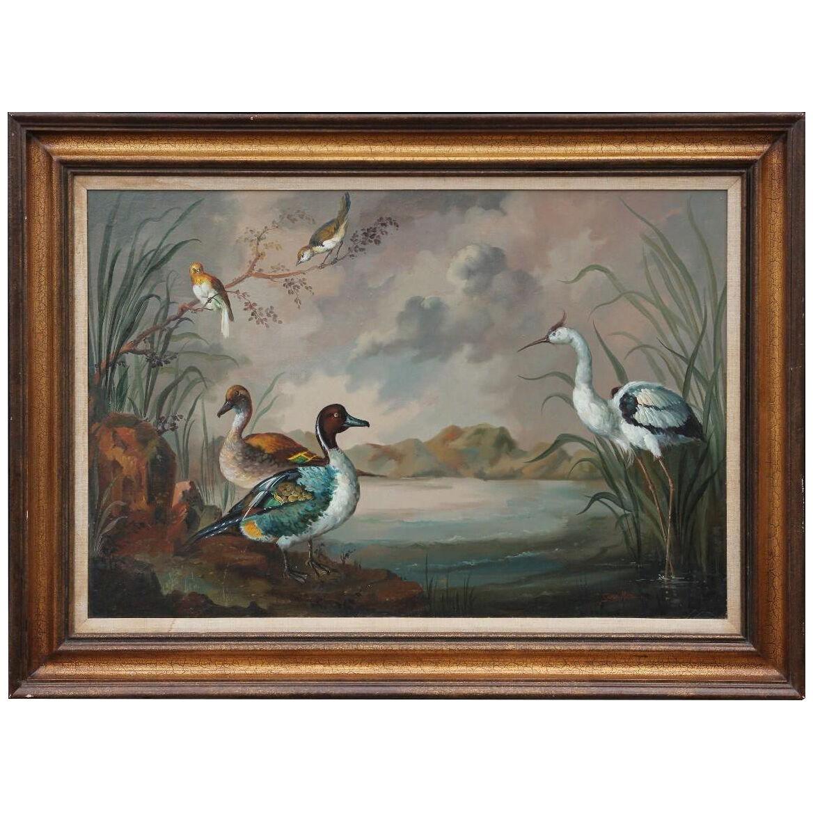 Mid 20th Century Naturalistic Bird Painting with Landscape