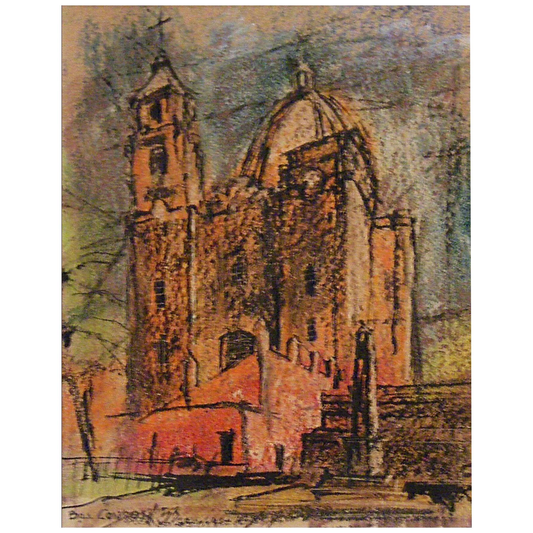 1950s Mixed Media Impressionist Cathedral Landscape Drawing