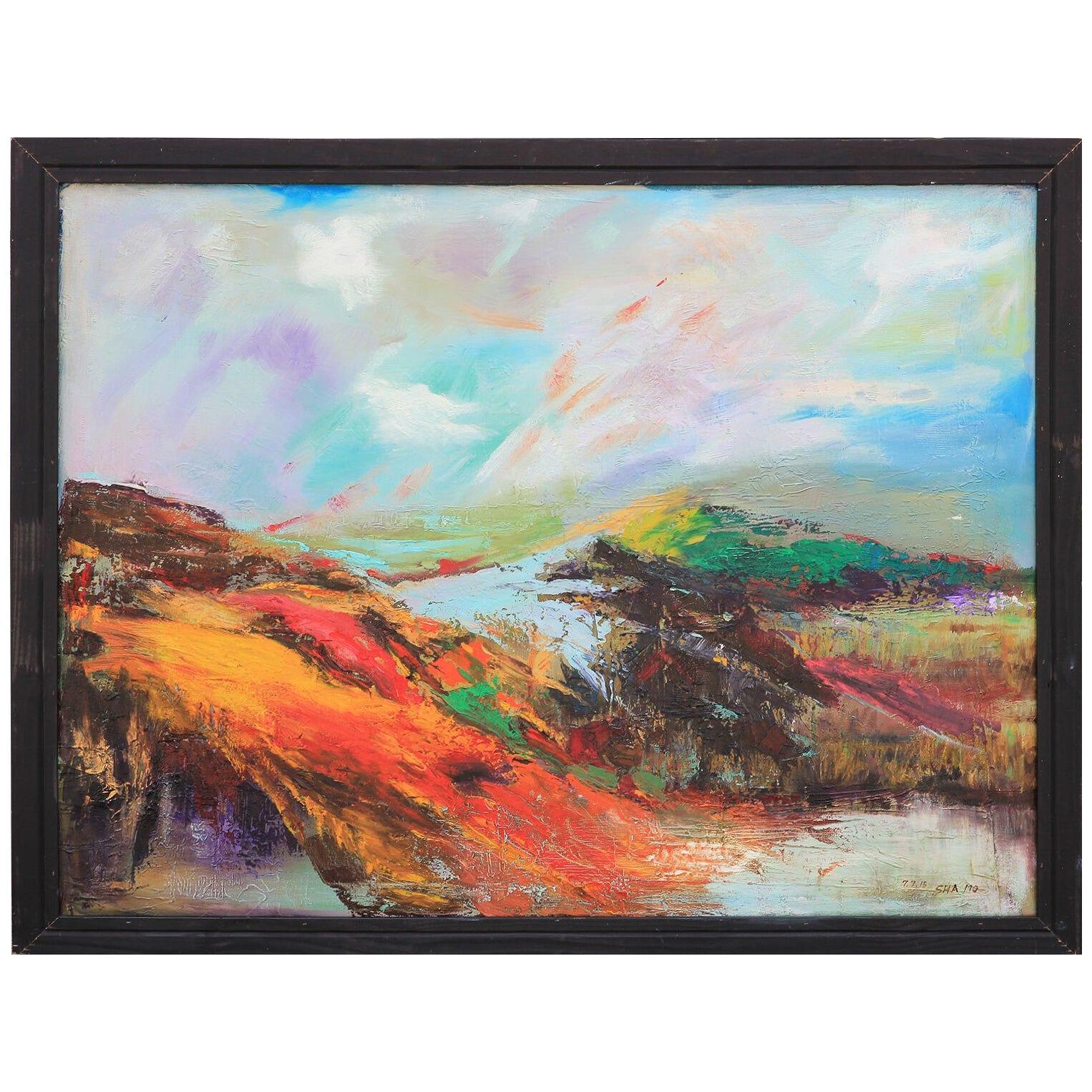 Orange and Blue Toned Abstract Impressionist Mountain & Lake Landscape Painting	